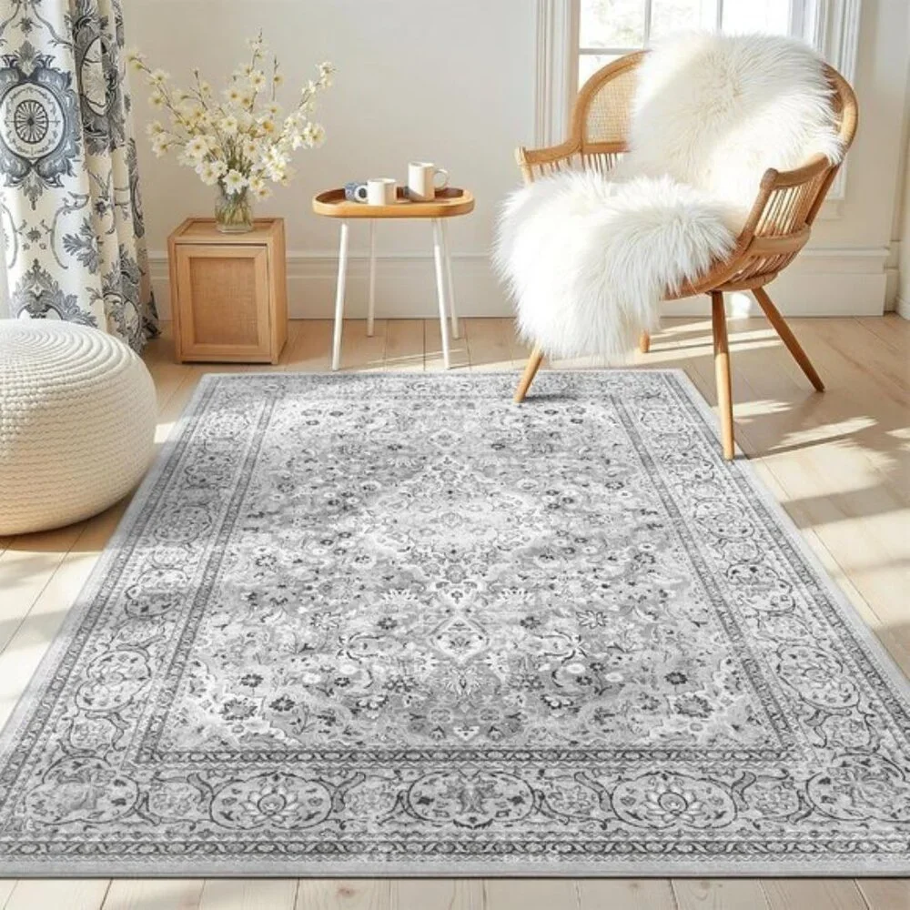 New 4x6 Grey Boho Area Rug, Washable Vintage Floral Non-Slip Carpet for Bedroom